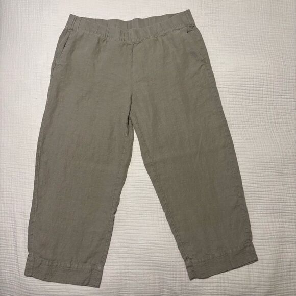 J. Jill Pure Jill L yarn-dyed linen pants olive color stretch waist w pockets - Picture 1 of 9